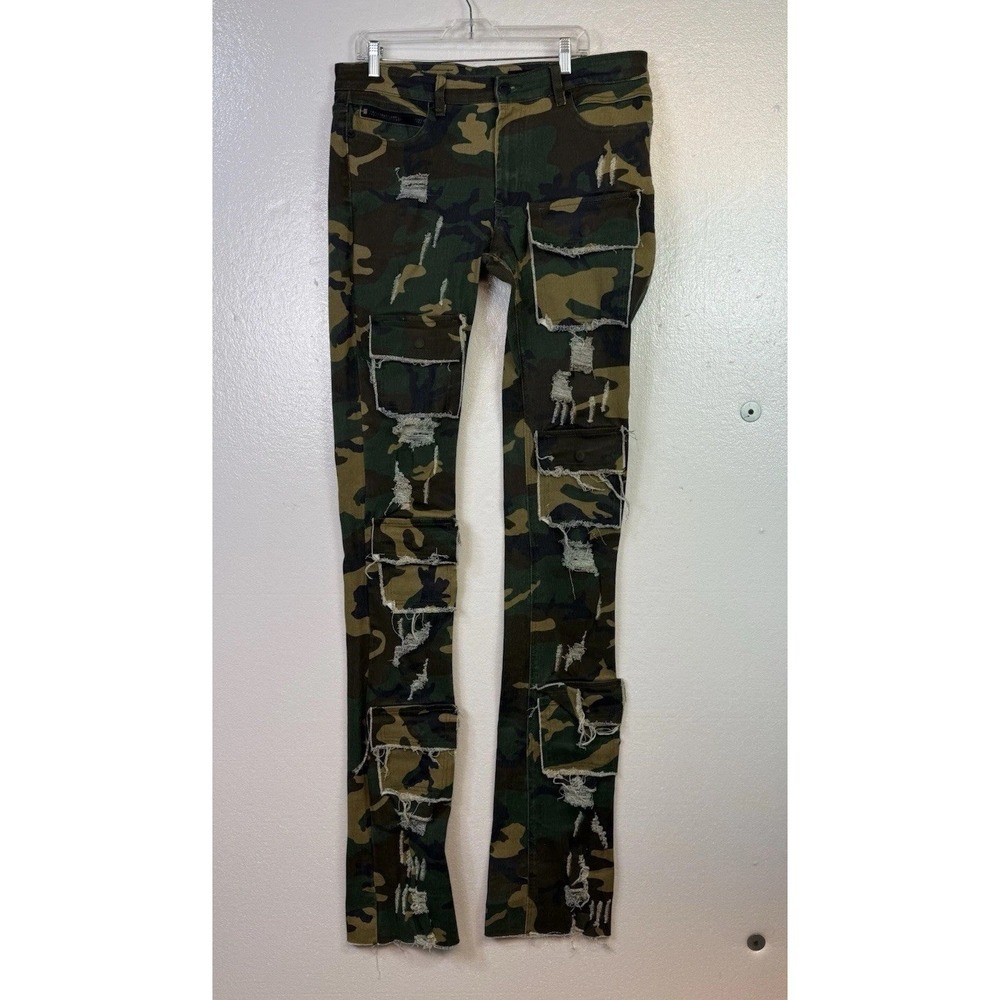 Rockstar Original Mens Super Stacked Flare Camo Cargo‎ Denim Jeans 36x44 Grunge